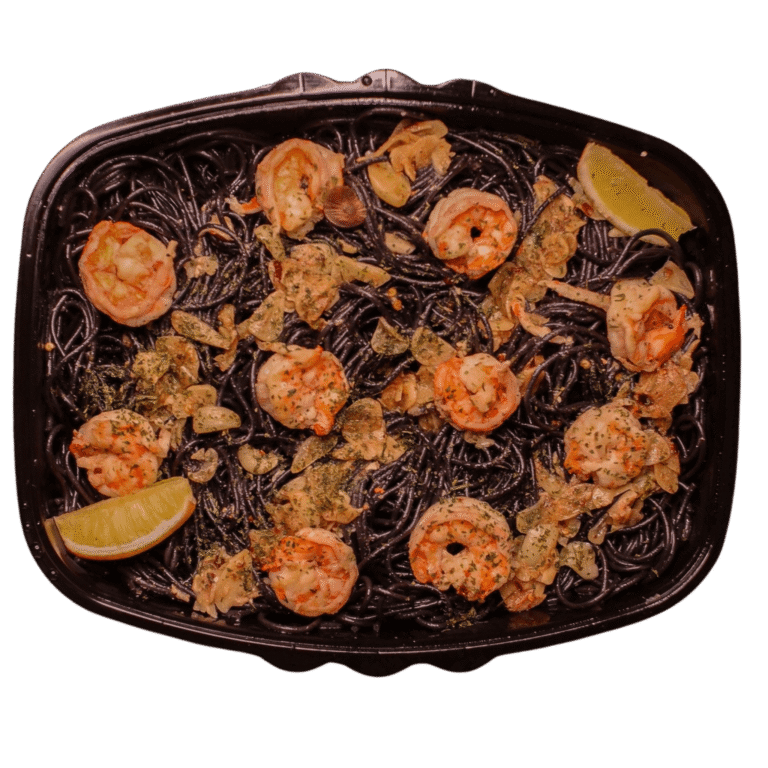 Grilled Tiger Prawns in Squid Ink Pasta